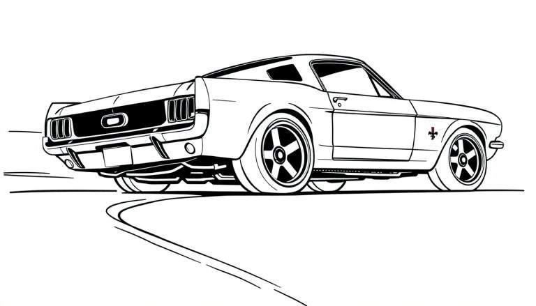 Desenho a preto e branco de um carro clássico a fazer uma curva, visto de trás e de lado, com linhas fortes e dinâmicas.
