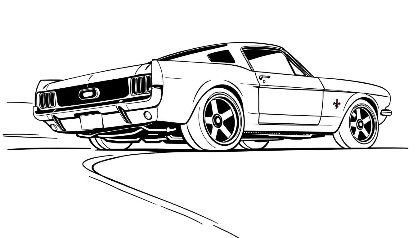 Desenho a preto e branco de um carro clássico a fazer uma curva, visto de trás e de lado, com linhas fortes e dinâmicas.