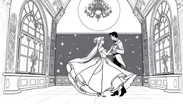 Esboço a preto e branco de um casal a dançar numa sala de baile de conto de fadas com janelas ornamentadas e candelabro.