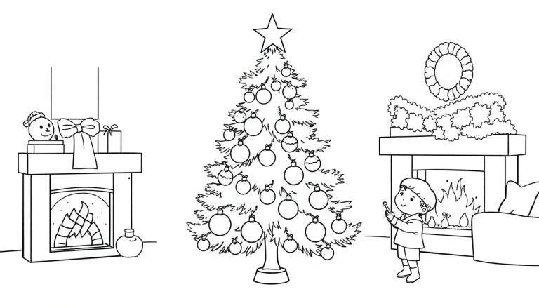 Página para colorir em preto e branco de uma cena natalícia, com uma lareira à esquerda com decorações, uma árvore de Natal central e outra lareira à direita com um menino.