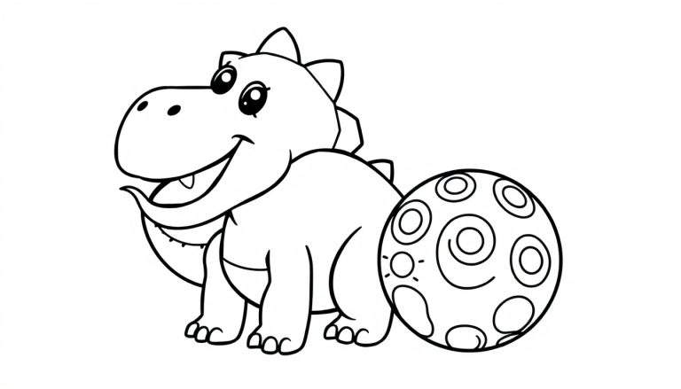 Desenho em preto e branco de um dinossauro sorridente com olhos grandes e redondos e uma bola com espirais ao seu lado, pronto para ser colorido.