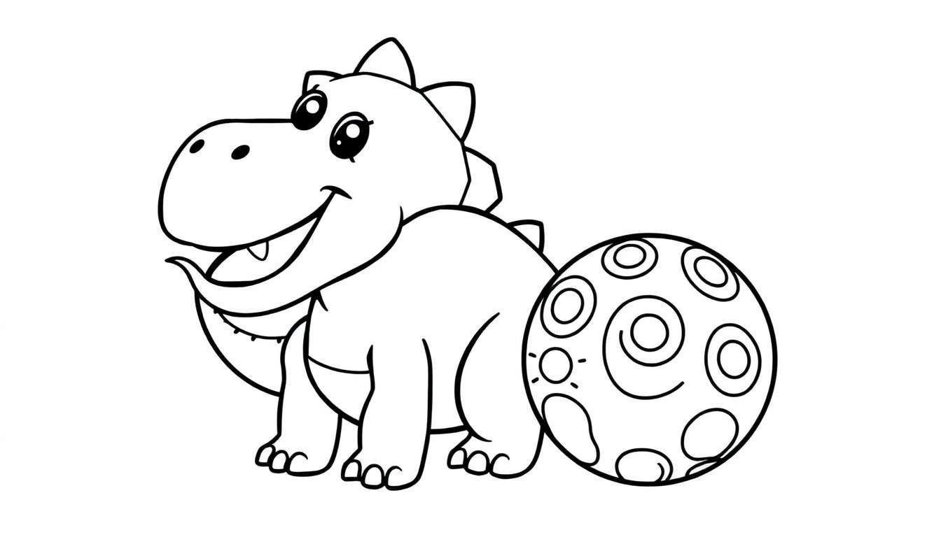 Desenho em preto e branco de um dinossauro sorridente com olhos grandes e redondos e uma bola com espirais ao seu lado, pronto para ser colorido.