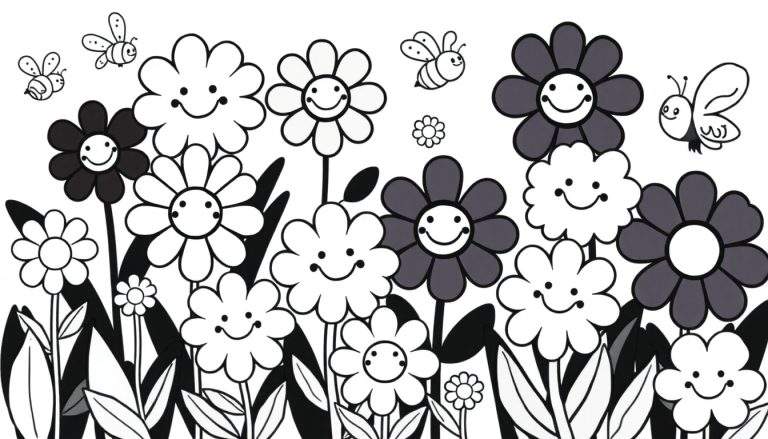 Página para colorir com flores sorridentes, abelhas e borboleta em estilo de desenho animado, tudo em preto e branco.