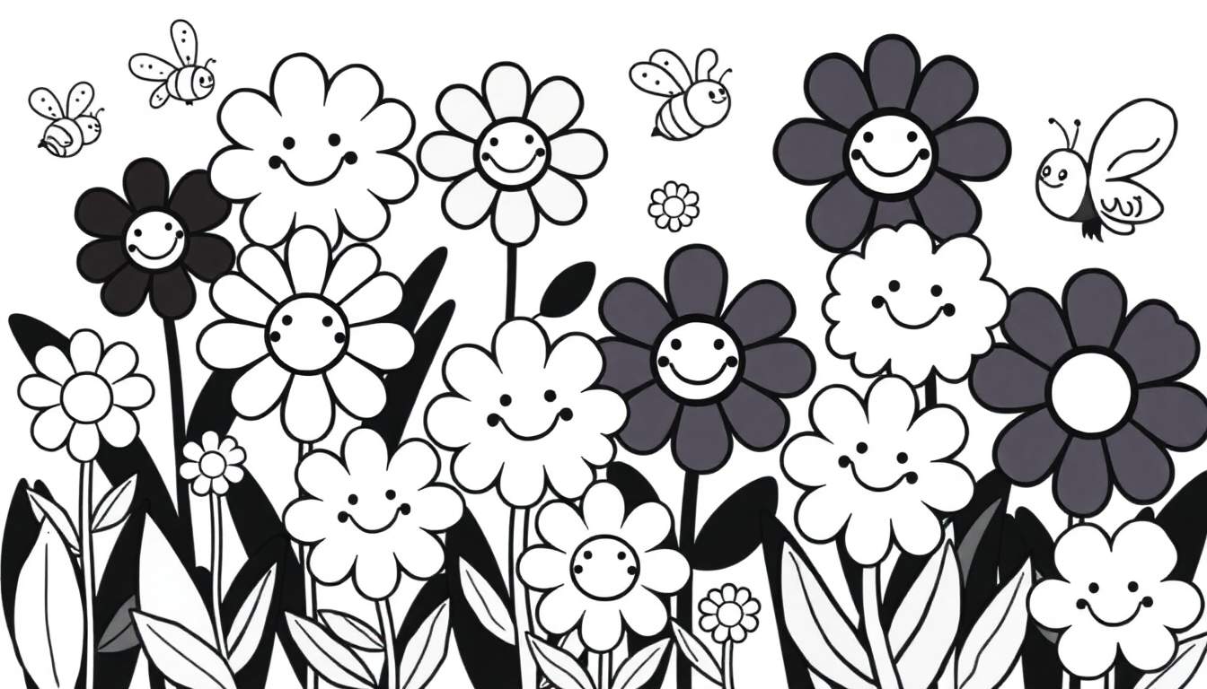 Página para colorir com flores sorridentes, abelhas e borboleta em estilo de desenho animado, tudo em preto e branco.