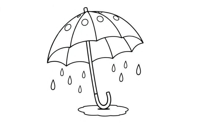 Desenho em preto e branco de um guarda-chuva aberto com gotas de chuva caindo e formando uma poça, com círculos vazios decorativos no guarda-chuva.