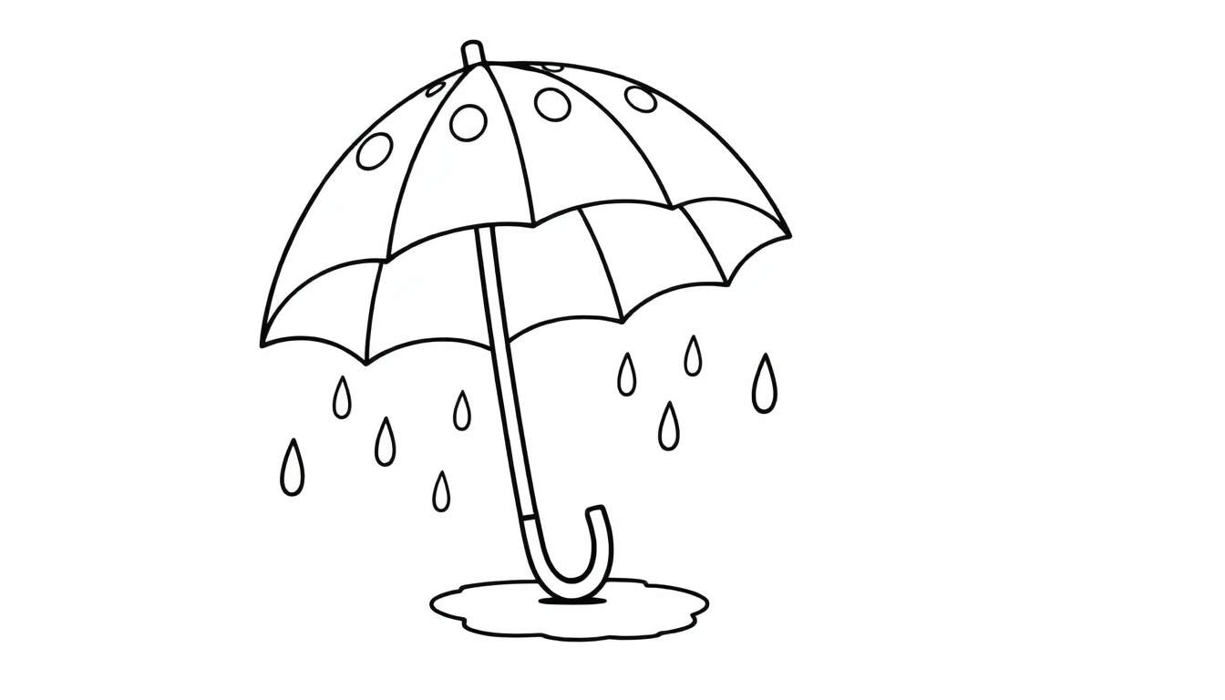 Desenho em preto e branco de um guarda-chuva aberto com gotas de chuva caindo e formando uma poça, com círculos vazios decorativos no guarda-chuva.