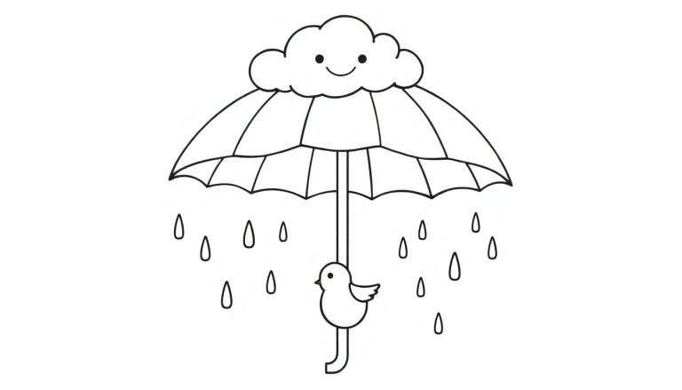 Desenho a preto e branco de um guarda-chuva com uma nuvem sorridente no topo e um pássaro pendurado no cabo, com gotas de chuva a cair.