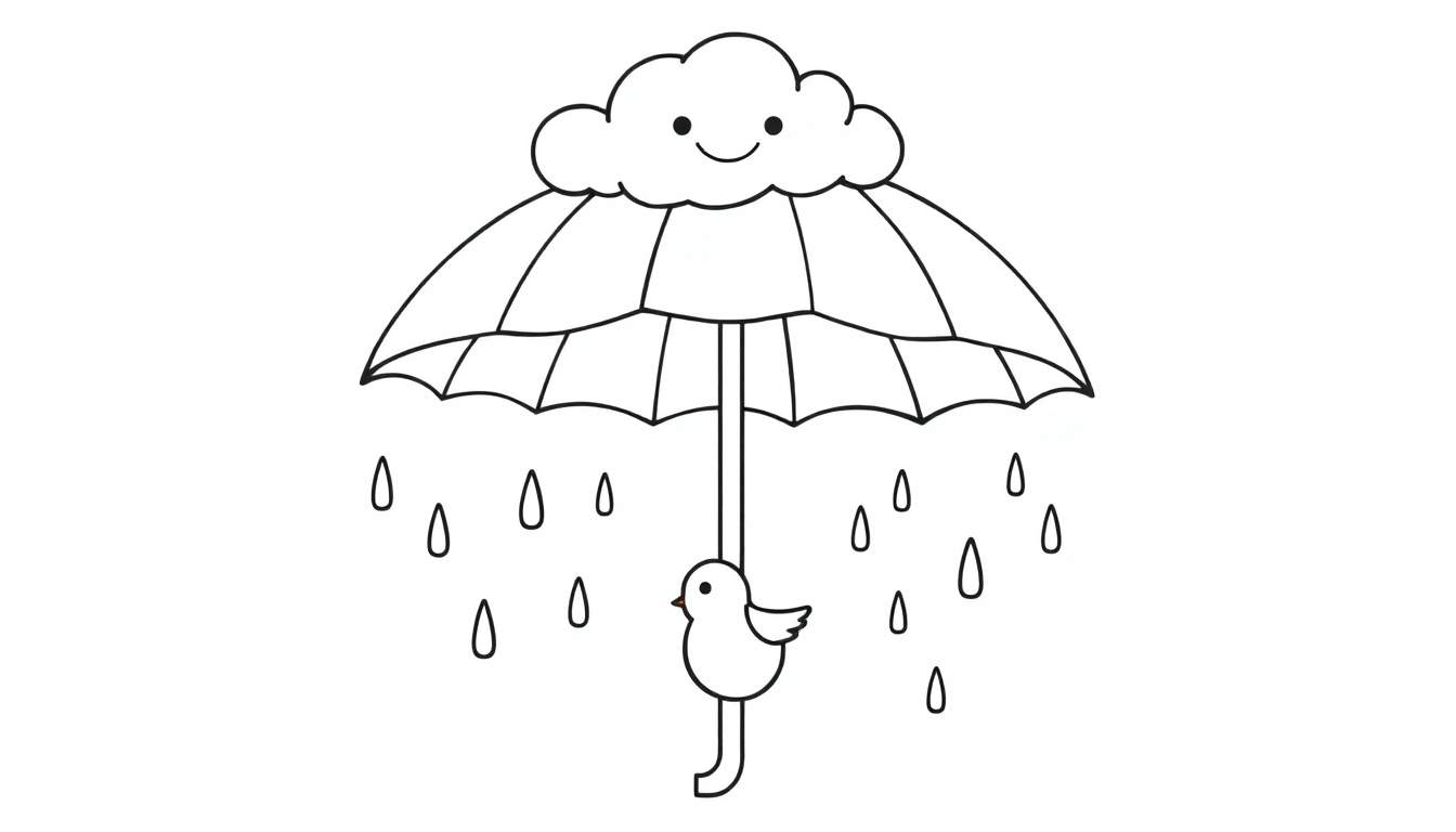 Desenho a preto e branco de um guarda-chuva com uma nuvem sorridente no topo e um pássaro pendurado no cabo, com gotas de chuva a cair.