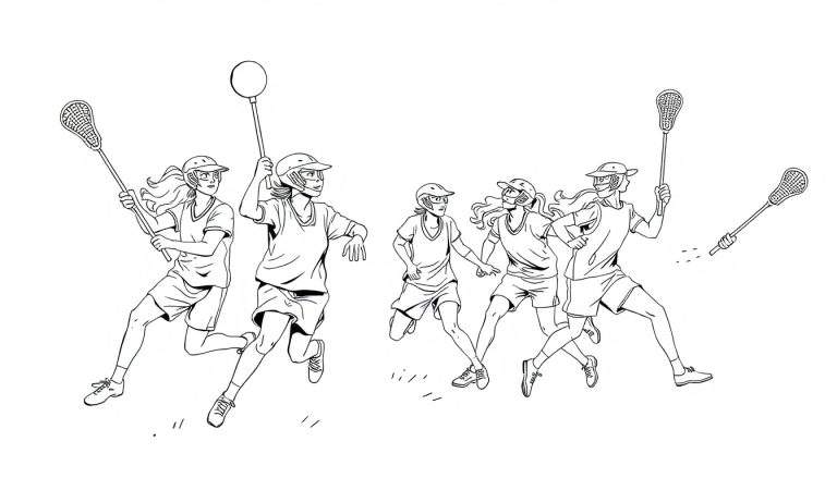 Página para colorir de 5 meninas a jogar lacrosse, com equipamento desportivo, em preto e branco.