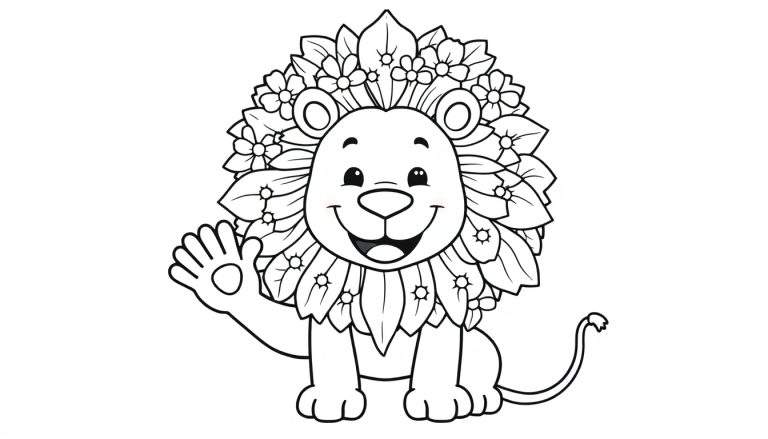 Página para colorir de um leão fofo e sorridente com uma juba feita de folhas e flores, acenando com uma pata.