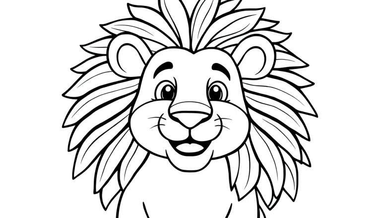 Desenho para colorir de um leão de desenho animado amigável com uma grande juba e um sorriso.