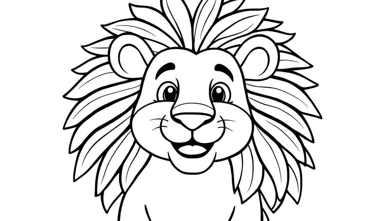 Desenho para colorir de um leão de desenho animado amigável com uma grande juba e um sorriso.