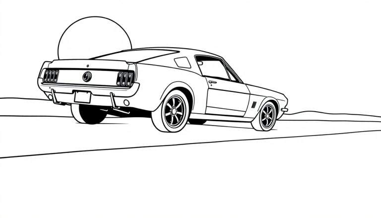 Página para colorir de um carro Mustang clássico de 1967 visto de trás e de lado, estacionado numa estrada com uma montanha e um sol poente ao fundo, com uma sombra projetada.