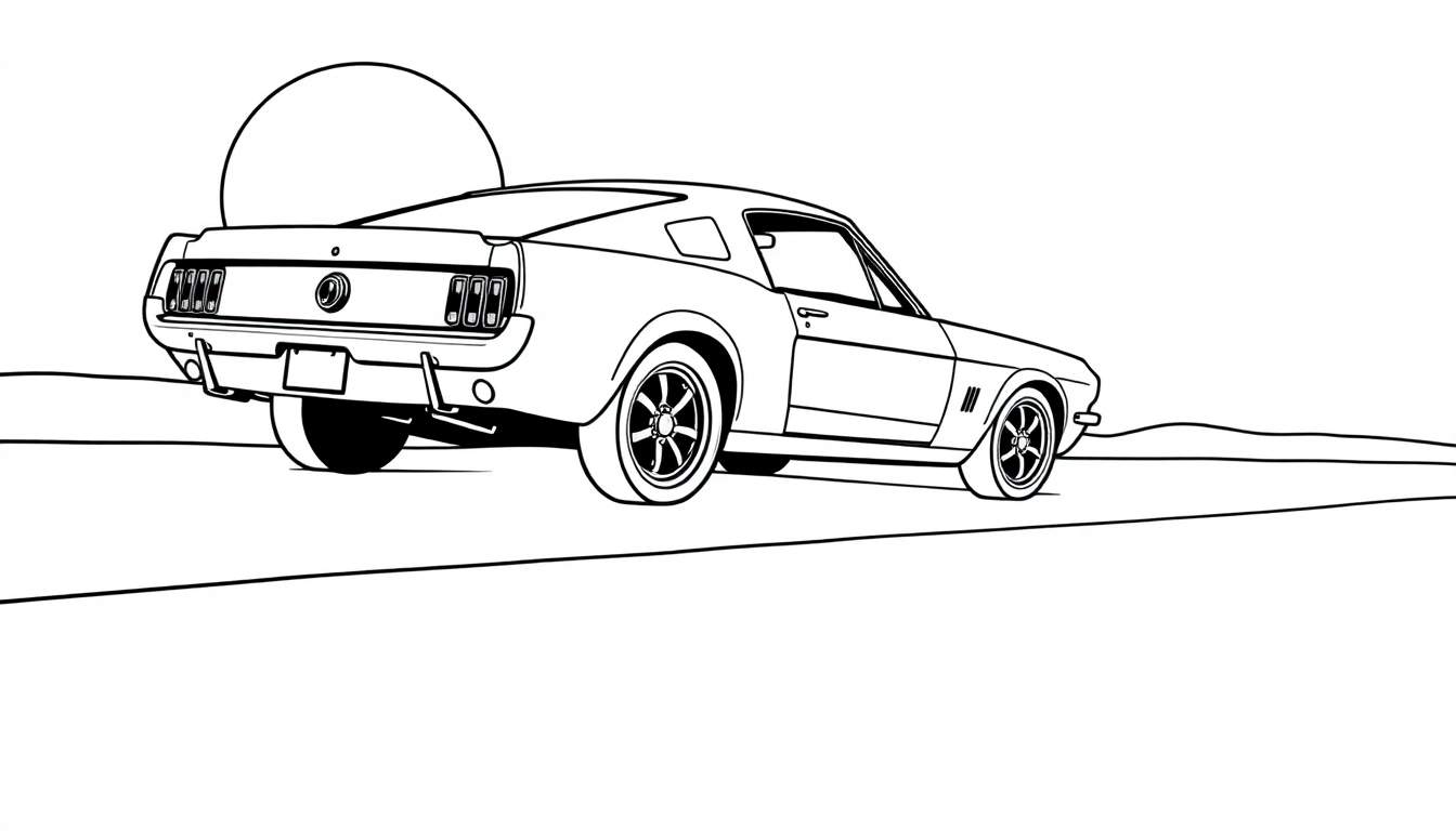 Página para colorir de um carro Mustang clássico de 1967 visto de trás e de lado, estacionado numa estrada com uma montanha e um sol poente ao fundo, com uma sombra projetada.