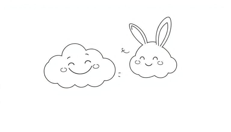 Página para colorir com duas nuvens felizes, uma delas com orelhas de coelho, separadas por um símbolo de 'e' e dois pontos.