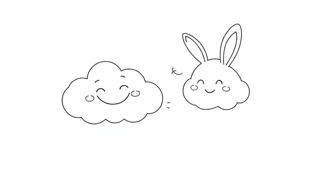 Página para colorir com duas nuvens felizes, uma delas com orelhas de coelho, separadas por um símbolo de 'e' e dois pontos.