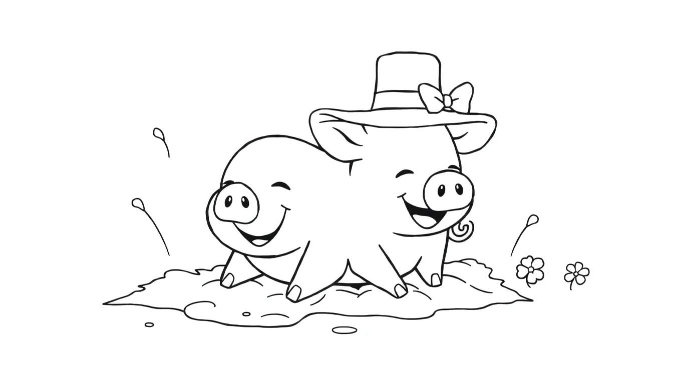 Página para colorir de dois porquinhos animados sorrindo sentados em lama com flores.