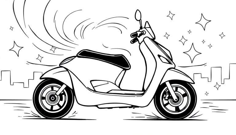 Página para colorir com uma scooter estilizada em movimento, com contornos em preto e branco, linhas de velocidade, estrelas, riscos e uma silhueta de cidade ao fundo.