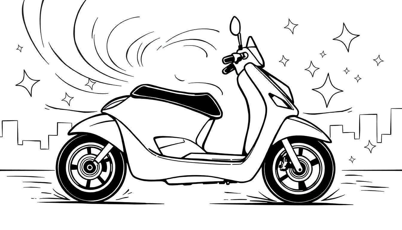 Página para colorir com uma scooter estilizada em movimento, com contornos em preto e branco, linhas de velocidade, estrelas, riscos e uma silhueta de cidade ao fundo.