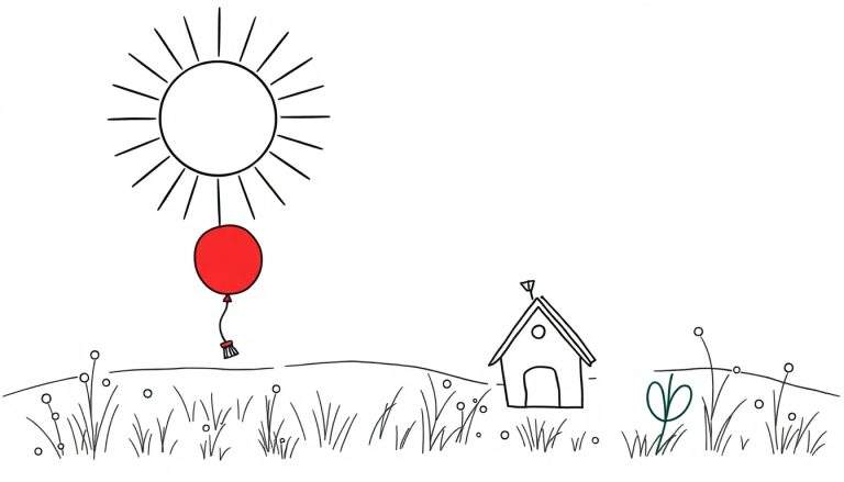 Página para colorir com um sol sorridente, um balão vermelho, uma casinha e grama com flores.