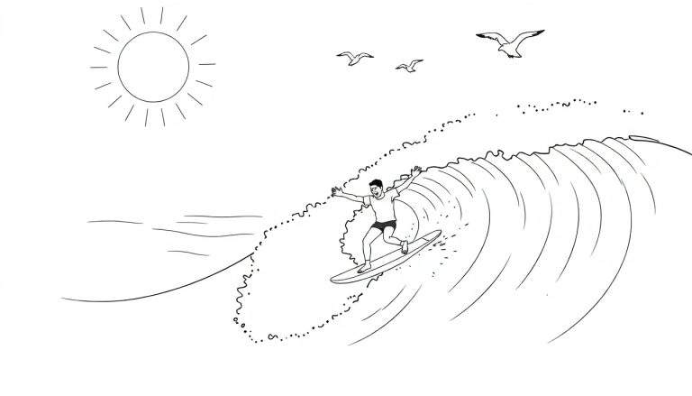 Página para colorir de um surfista a fazer um tubo numa onda, com sol e gaivotas no céu.