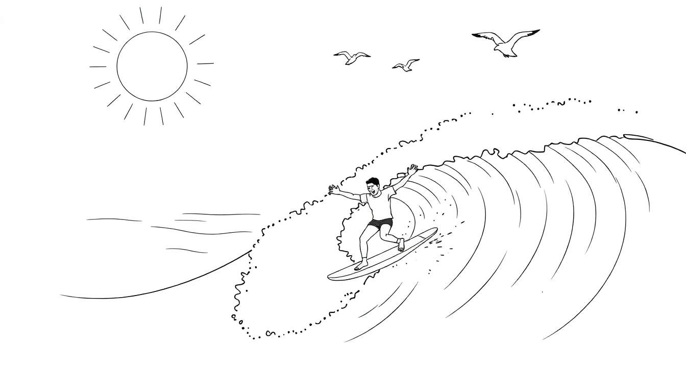 Página para colorir de um surfista a fazer um tubo numa onda, com sol e gaivotas no céu.