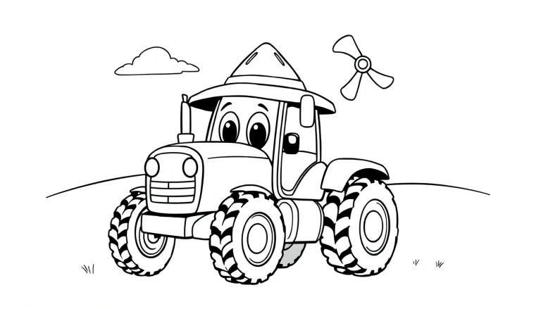 Página para colorir de um trator de desenho animado feliz com chapéu de fazendeiro em um campo.