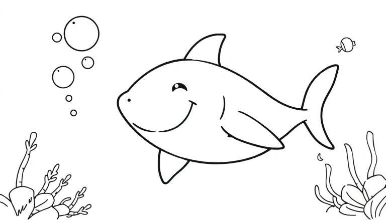 Página para colorir de um tubarão sorridente, bolhas, um peixe pequeno e algas marinhas.