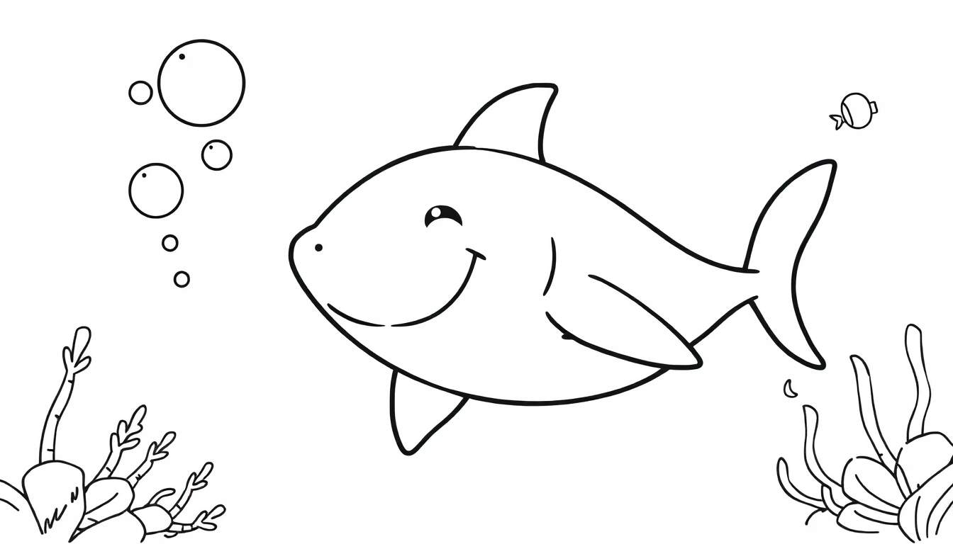 Página para colorir de um tubarão sorridente, bolhas, um peixe pequeno e algas marinhas.