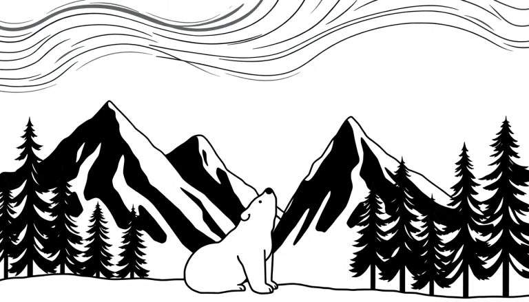 Página para colorir com um urso polar sentado numa paisagem de montanha e floresta com pinheiros e nuvens.