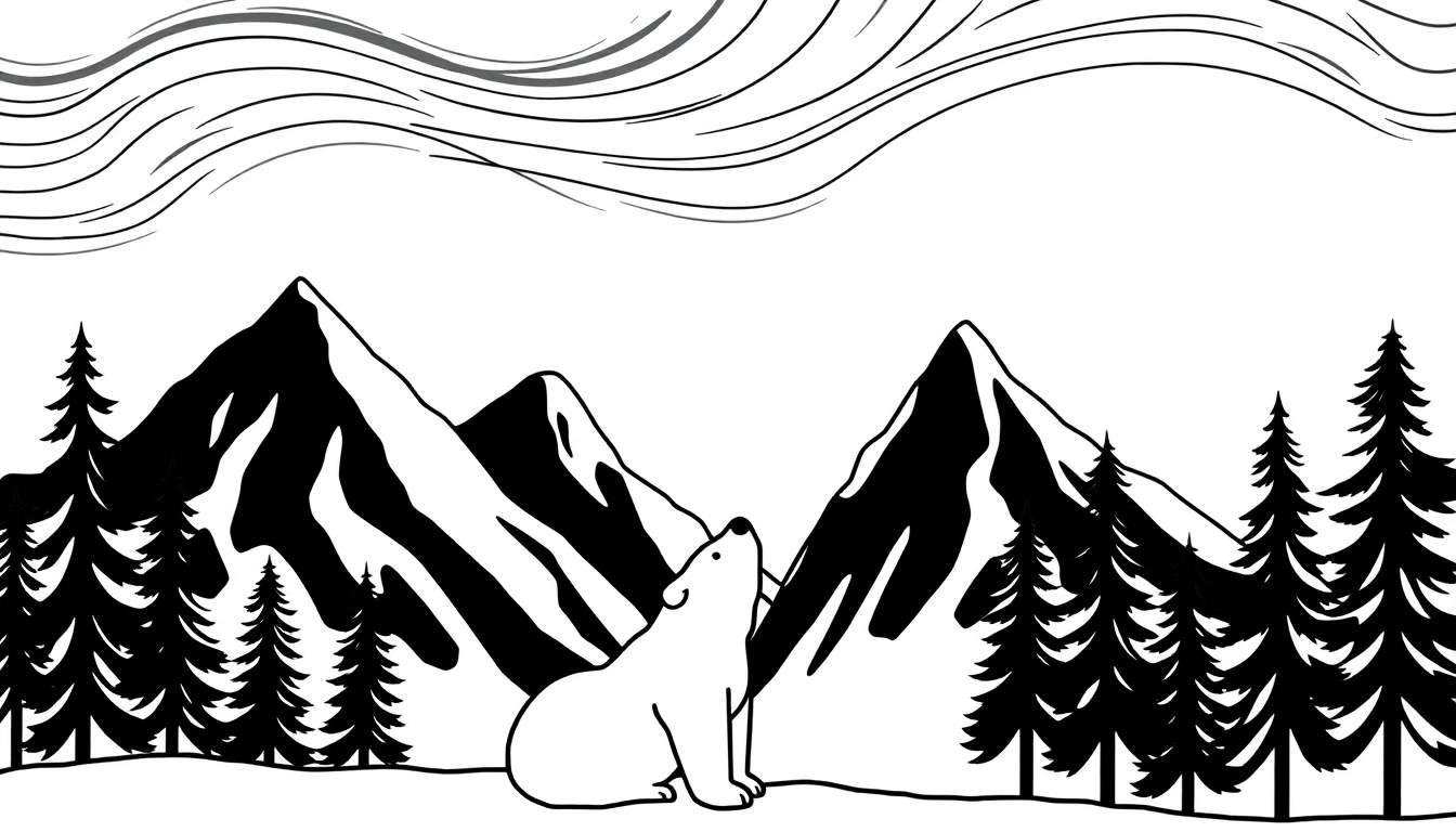 Página para colorir com um urso polar sentado numa paisagem de montanha e floresta com pinheiros e nuvens.