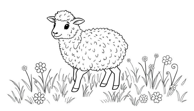 Página para colorir de uma ovelha sorridente num campo com flores.