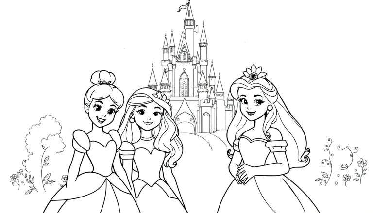 Desenho para colorir de três princesas em frente a um castelo com plantas e flores.