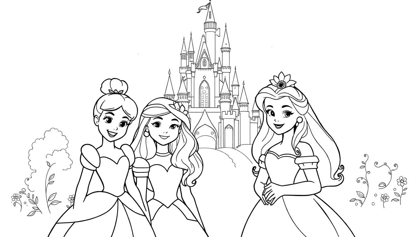 Desenho para colorir de três princesas em frente a um castelo com plantas e flores.