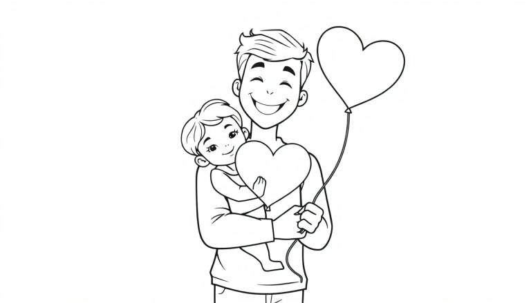 Página para colorir de um pai sorridente a segurar um bebé feliz nos braços, ambos a segurar um balão e um coração.
