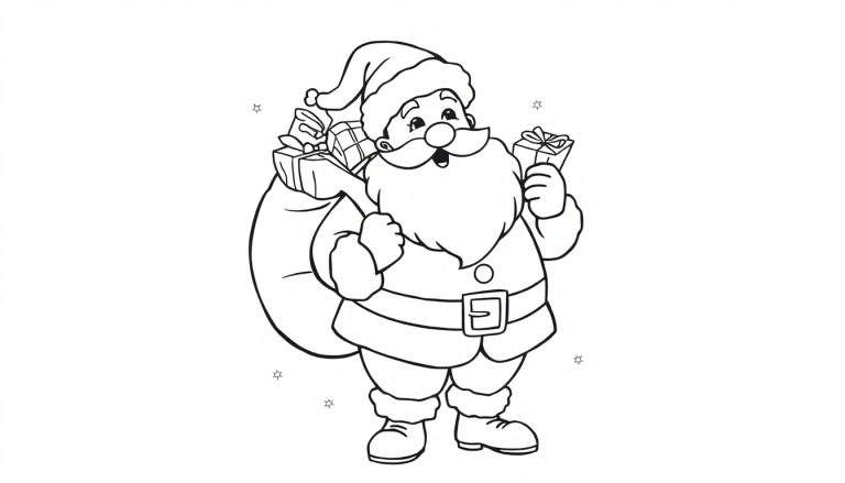 Desenho para colorir de Pai Natal sorridente com saco de presentes, barba branca, chapéu e casaco vermelhos, segurando um presente.
