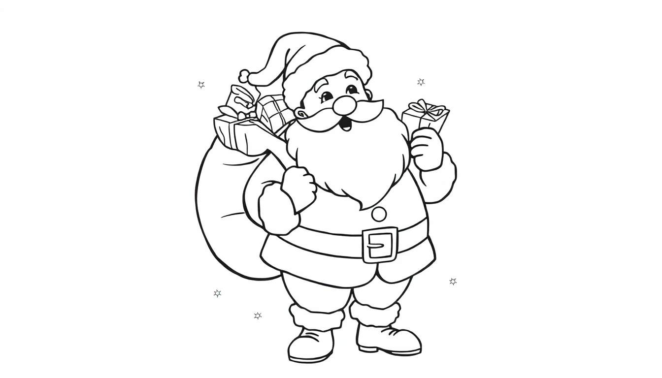 Desenho para colorir de Pai Natal sorridente com saco de presentes, barba branca, chapéu e casaco vermelhos, segurando um presente.