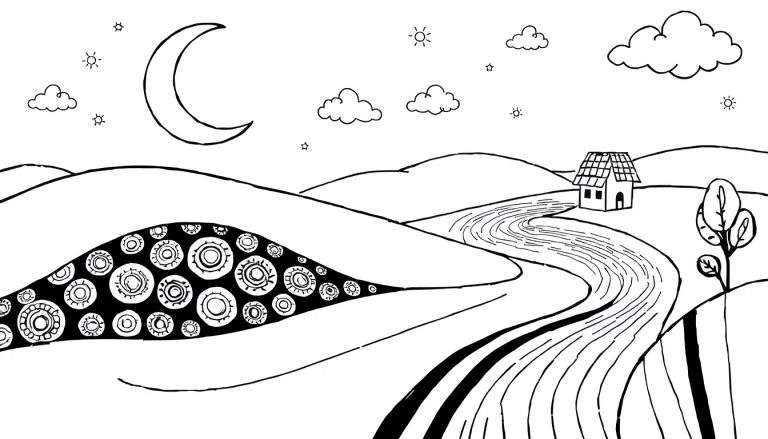 Página para colorir de uma paisagem noturna com lua crescente, rio, casa, árvore e padrão circular.