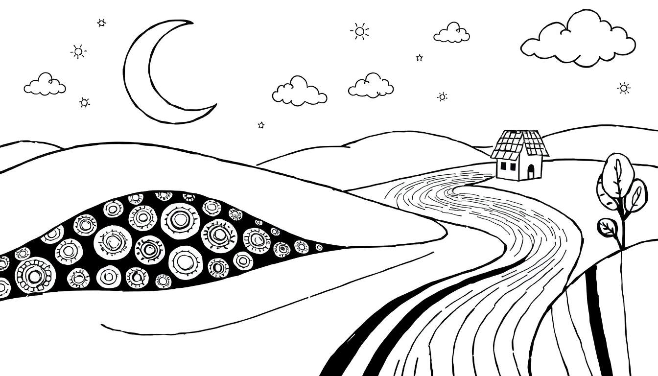 Página para colorir de uma paisagem noturna com lua crescente, rio, casa, árvore e padrão circular.