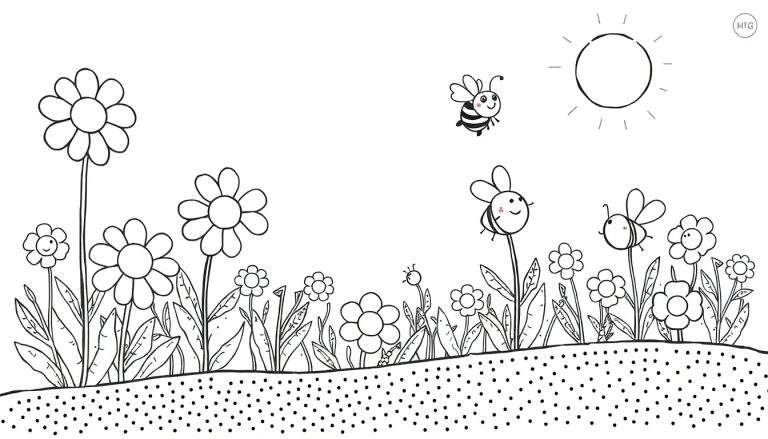 Página para colorir de paisagem de desenho animado com flores, vegetação, abelhas e sol.