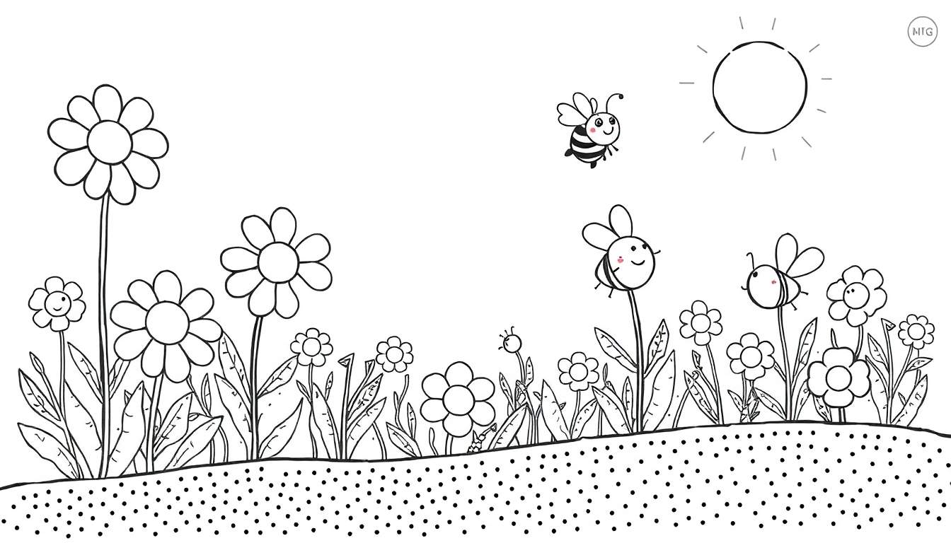 Página para colorir de paisagem de desenho animado com flores, vegetação, abelhas e sol.