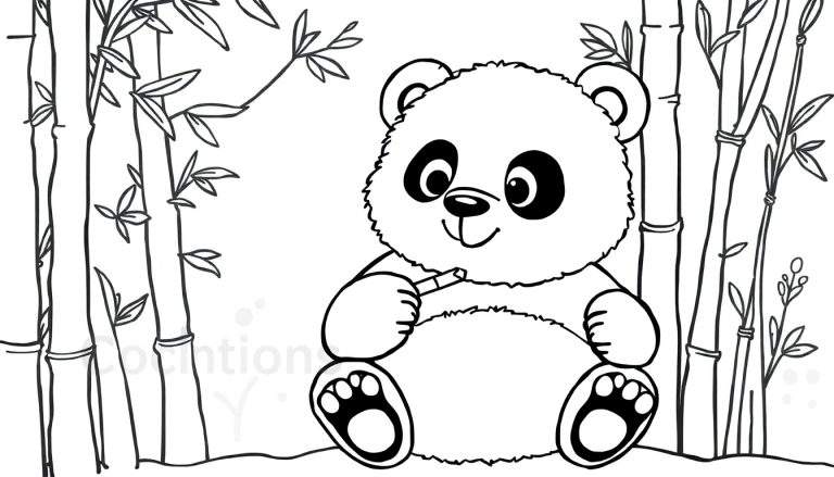 Ilustração de um urso panda a comer bambu, rodeado por varas de bambu, para ser colorida por crianças.
