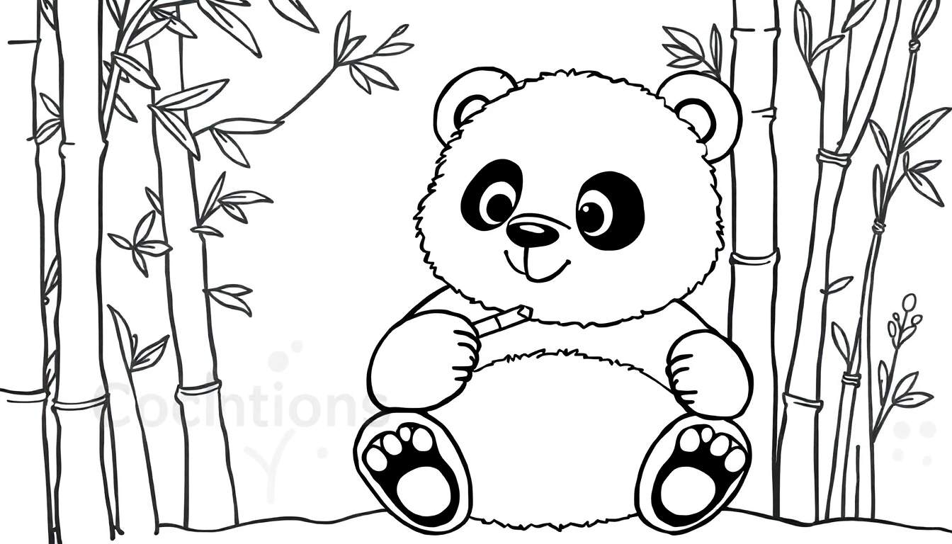 Ilustração de um urso panda a comer bambu, rodeado por varas de bambu, para ser colorida por crianças.
