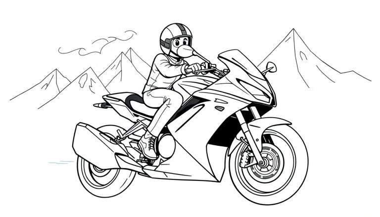 Desenho em preto e branco de um pássaro com capacete pilotando uma motocicleta esportiva, com montanhas ao fundo.