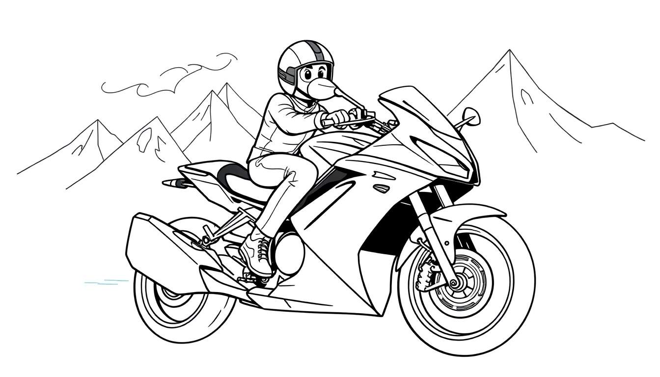 Desenho em preto e branco de um pássaro com capacete pilotando uma motocicleta esportiva, com montanhas ao fundo.
