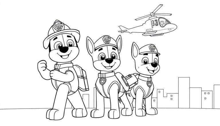Página para colorir de três cães da Patrulha Canina (Marshall, Chase e Rubble) com um helicóptero e edifícios da cidade ao fundo.