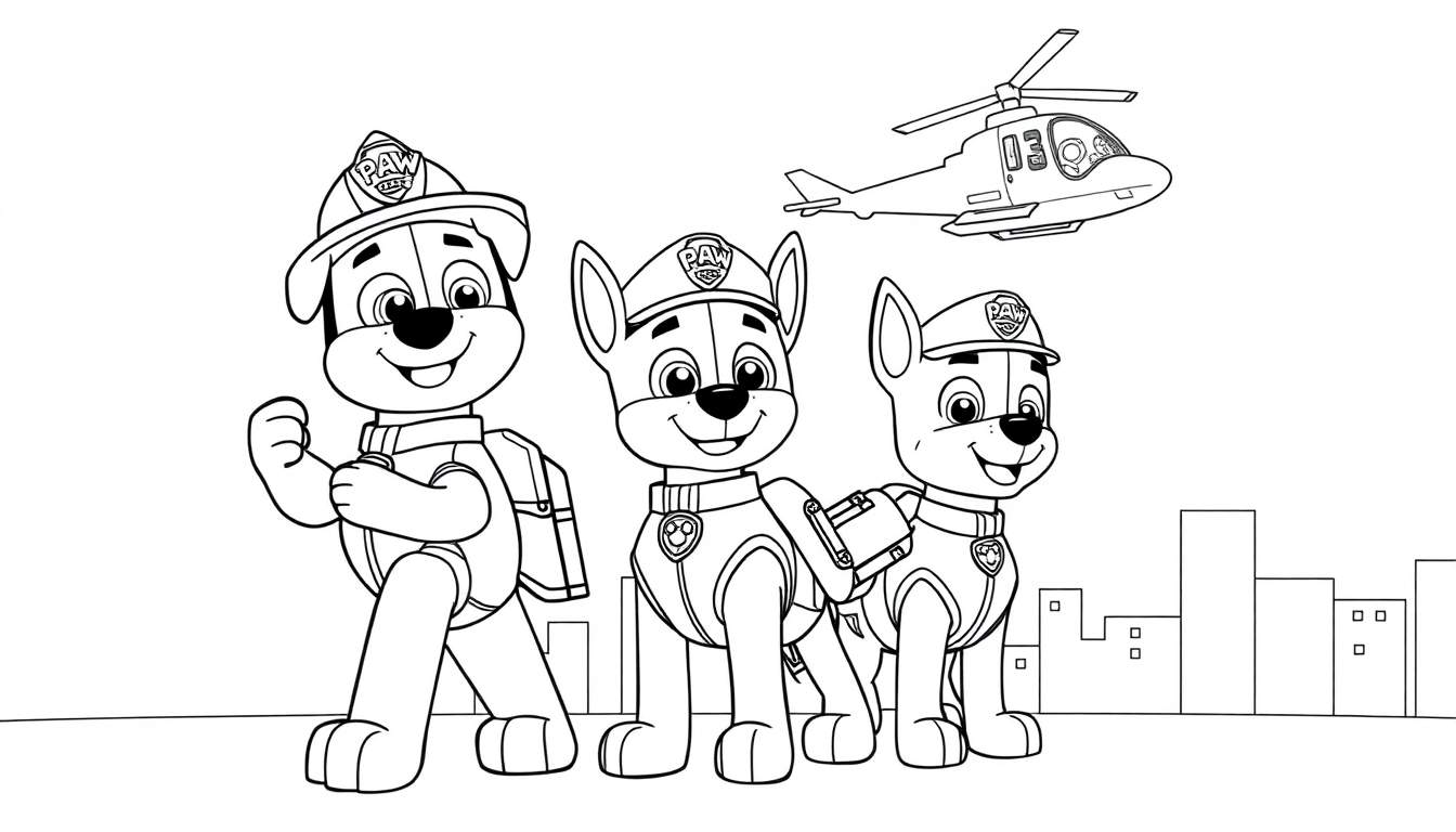 Página para colorir de três cães da Patrulha Canina (Marshall, Chase e Rubble) com um helicóptero e edifícios da cidade ao fundo.
