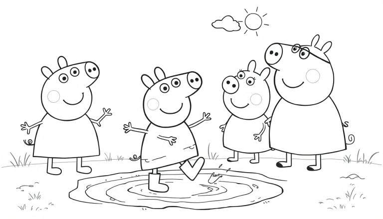 Desenho para colorir da Família Peppa Pig pulando em uma poça de lama.