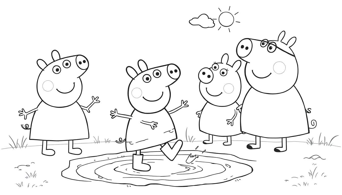 Desenho para colorir da Família Peppa Pig pulando em uma poça de lama.