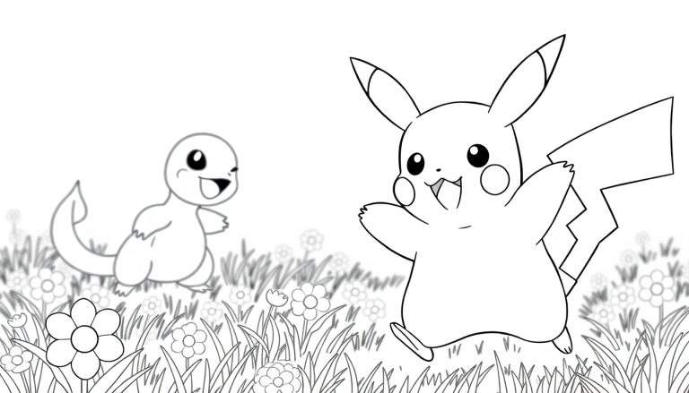 Página para colorir em preto e branco de Pikachu a correr à direita e Charmander a correr à esquerda num campo com flores e relva.